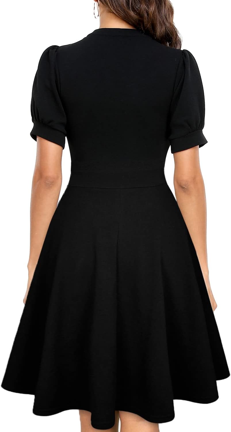 Rochie Sophie pentru femei – Rochie evazată cu decolteu în V, mâneci bufante și buzunare, elegantă
