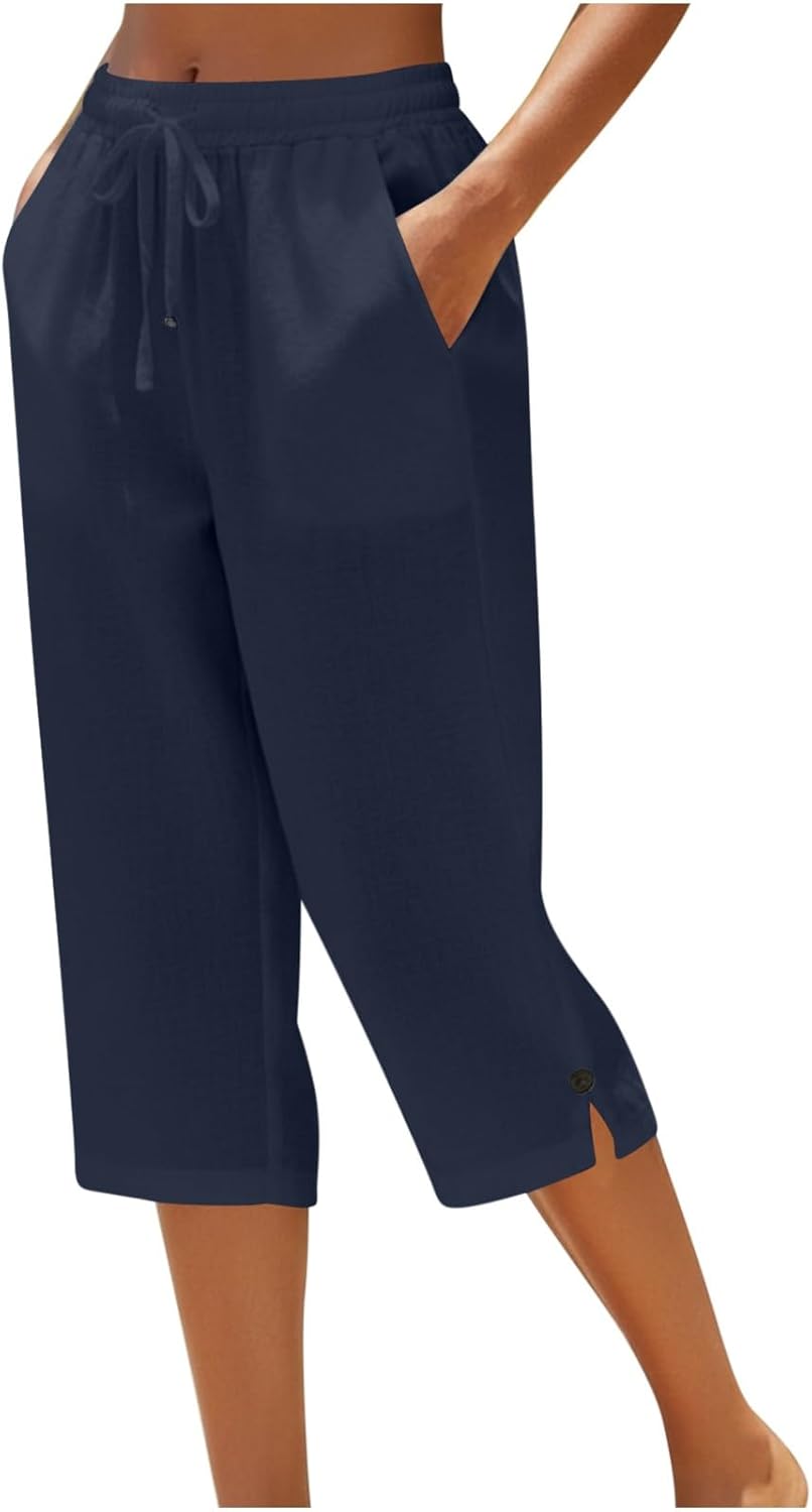 Miazon Pantaloni Capri pentru femei – croială largă, talie elastică, in bumbac pentru vară, confortabili