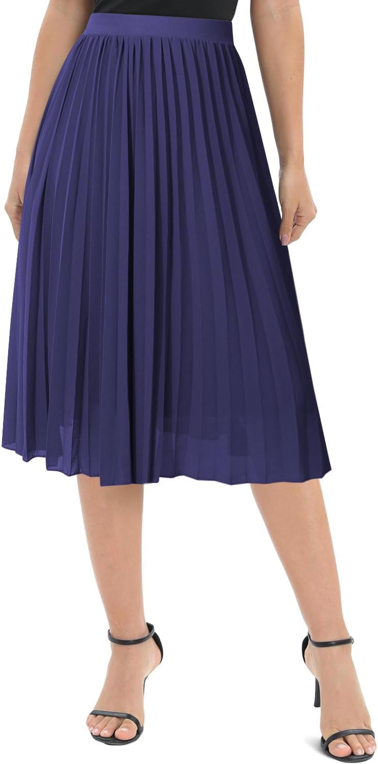 Felicity Jupe midi pour femme – mousseline plissée, taille élastique, doublée et coupe évasée