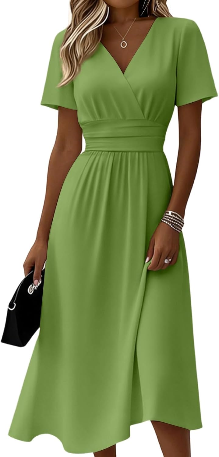 Rochie Clara pentru femei – Rochie midi cu decolteu în V, mâneci scurte, talie înaltă, croială în A, elegantă
