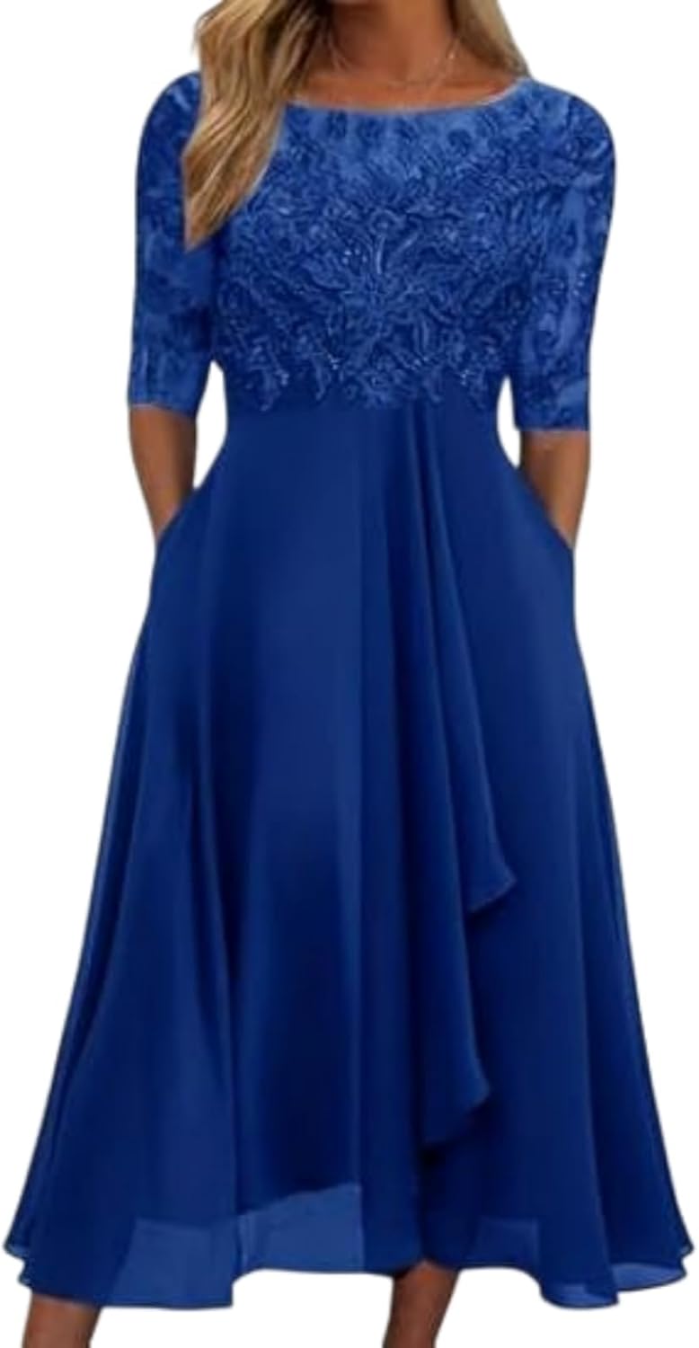 Isabelle Rochie Damă – Rochie Maxi Dantelă Decolteu în V Mâneci Trei Sferturi Elegantă Nuntă