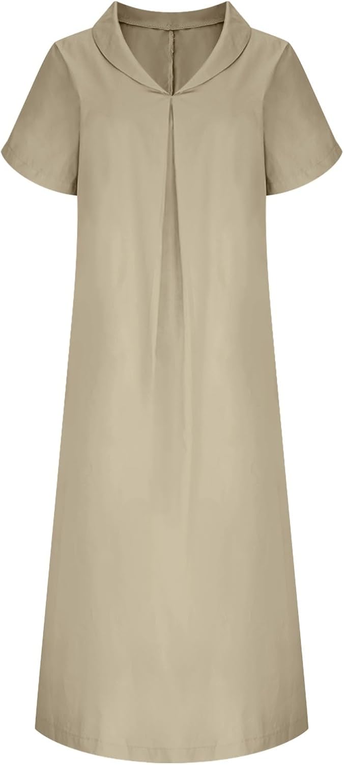 Rochie Sophie pentru femei – Rochie maxi din in, de vară, cu decolteu în V, mâneci scurte, buzunare, croială în A