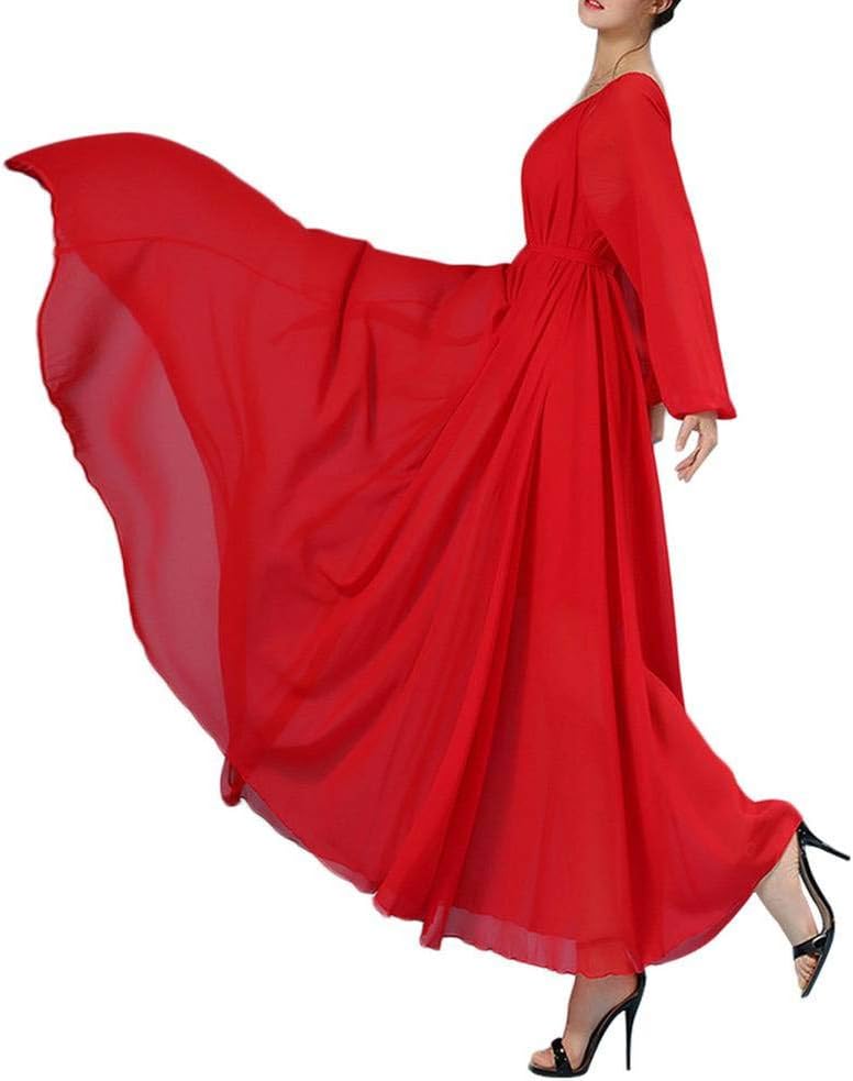 Rochie Maxi Isabelle pentru femei – Rochie lungă din chiffon cu curea și mâneci lungi, elegantă
