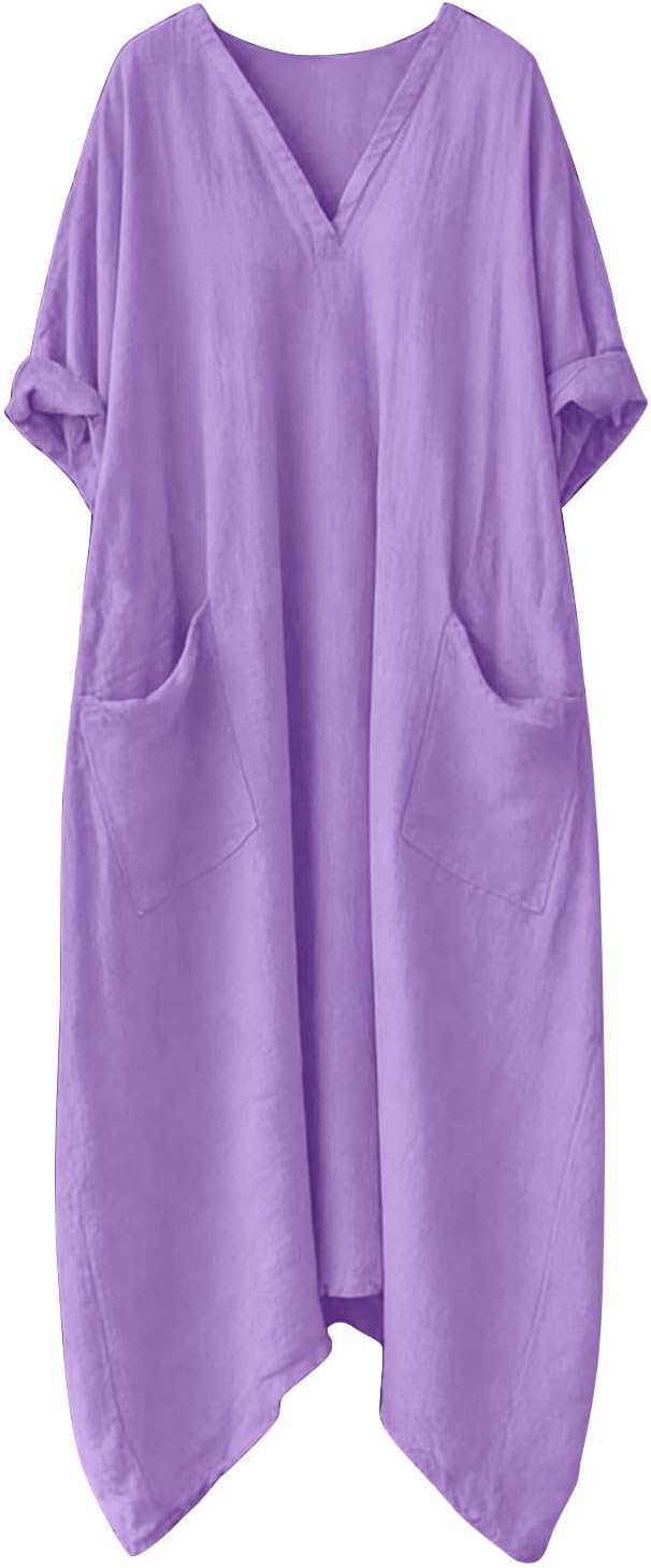 Rochie Mila pentru femei – Rochie maxi din in, de vară, cu decolteu în V, mâneci 3/4, croială evazată, oversize