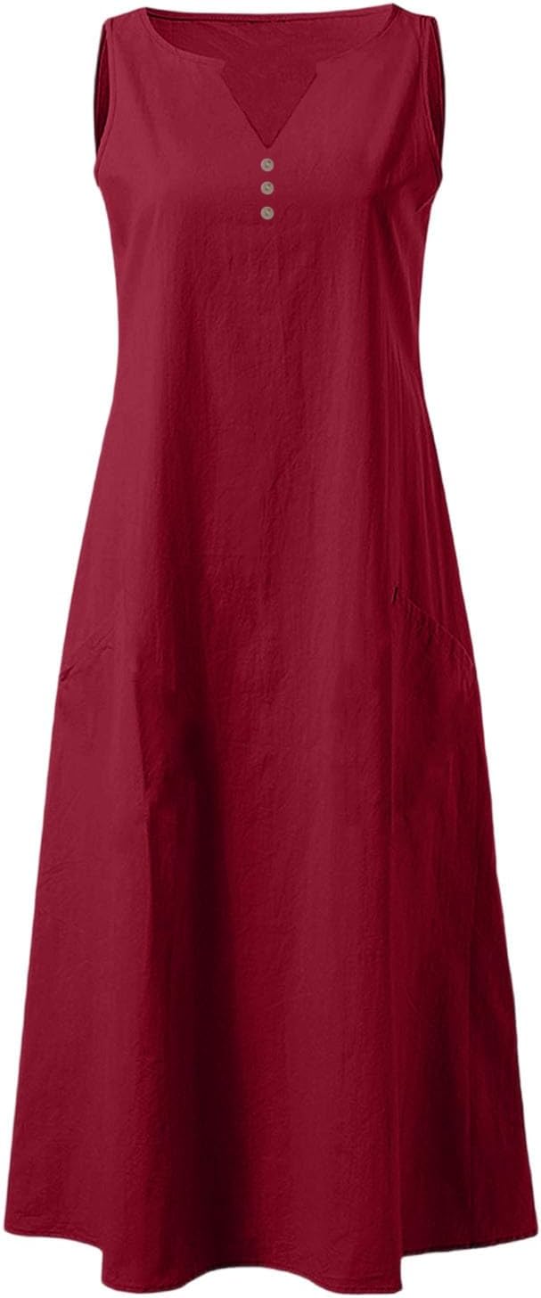 Rochie Camille pentru femei – Rochie maxi din in, de vară, cu decolteu în V, fără mâneci, cu nasturi și buzunare
