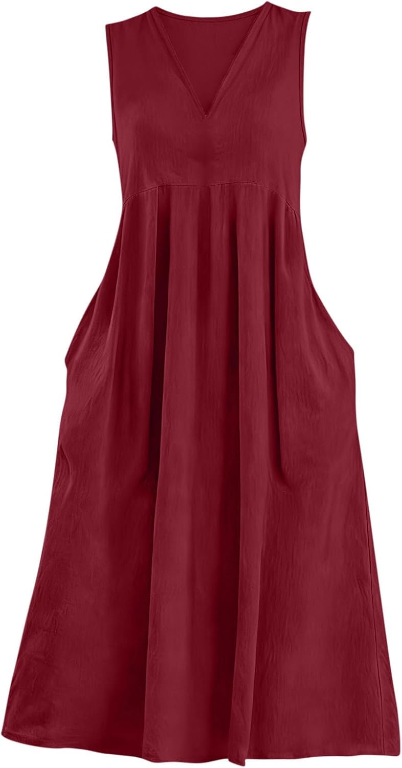 Rochie Lina pentru femei – Rochie maxi din in, de vară, cu decolteu în V, fără mâneci, cu buzunare, fluidă