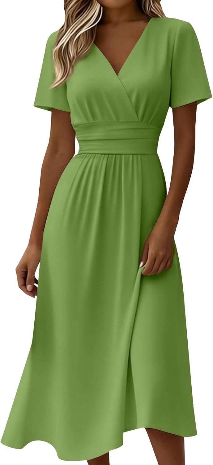 Rochie Clara pentru femei – Rochie midi cu decolteu în V, mâneci scurte, talie înaltă, croială în A, elegantă