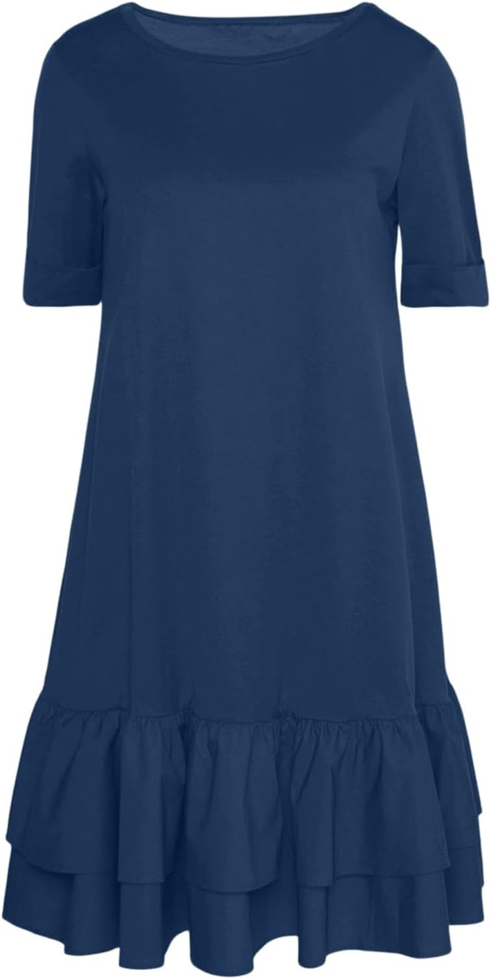 Sukienka Lina damska – mini sukienka T-shirt z okrągłym dekoltem, falbankami i podwójnym obszyciem, boho, lato