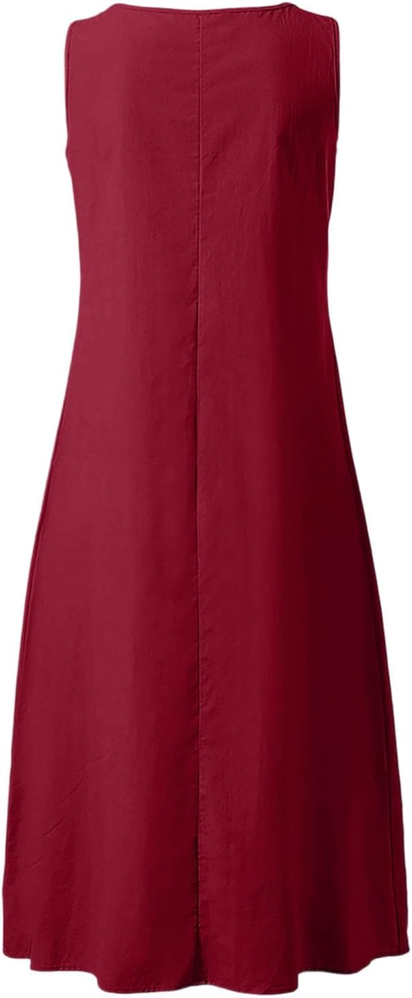 Rochie Camille pentru femei – Rochie maxi din in, de vară, cu decolteu în V, fără mâneci, cu nasturi și buzunare