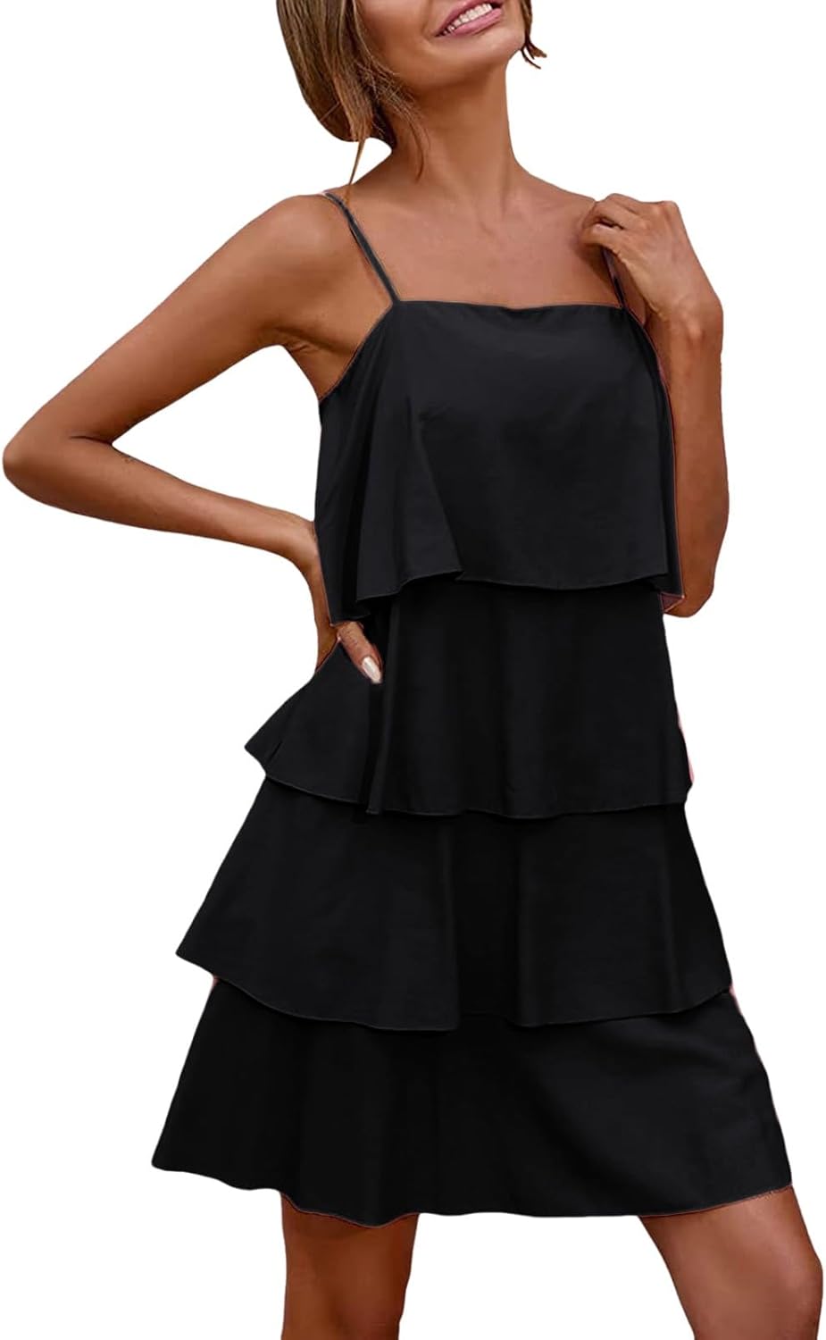 Rochie Camille pentru femei – Rochie maxi cu volane, decolteu în V, fără mâneci, din chiffon plisat, de vară