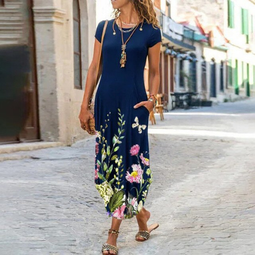 Caroline Robe Maxi Femme – Coton & Lino, Corte Fluido y Motivo Atemporal