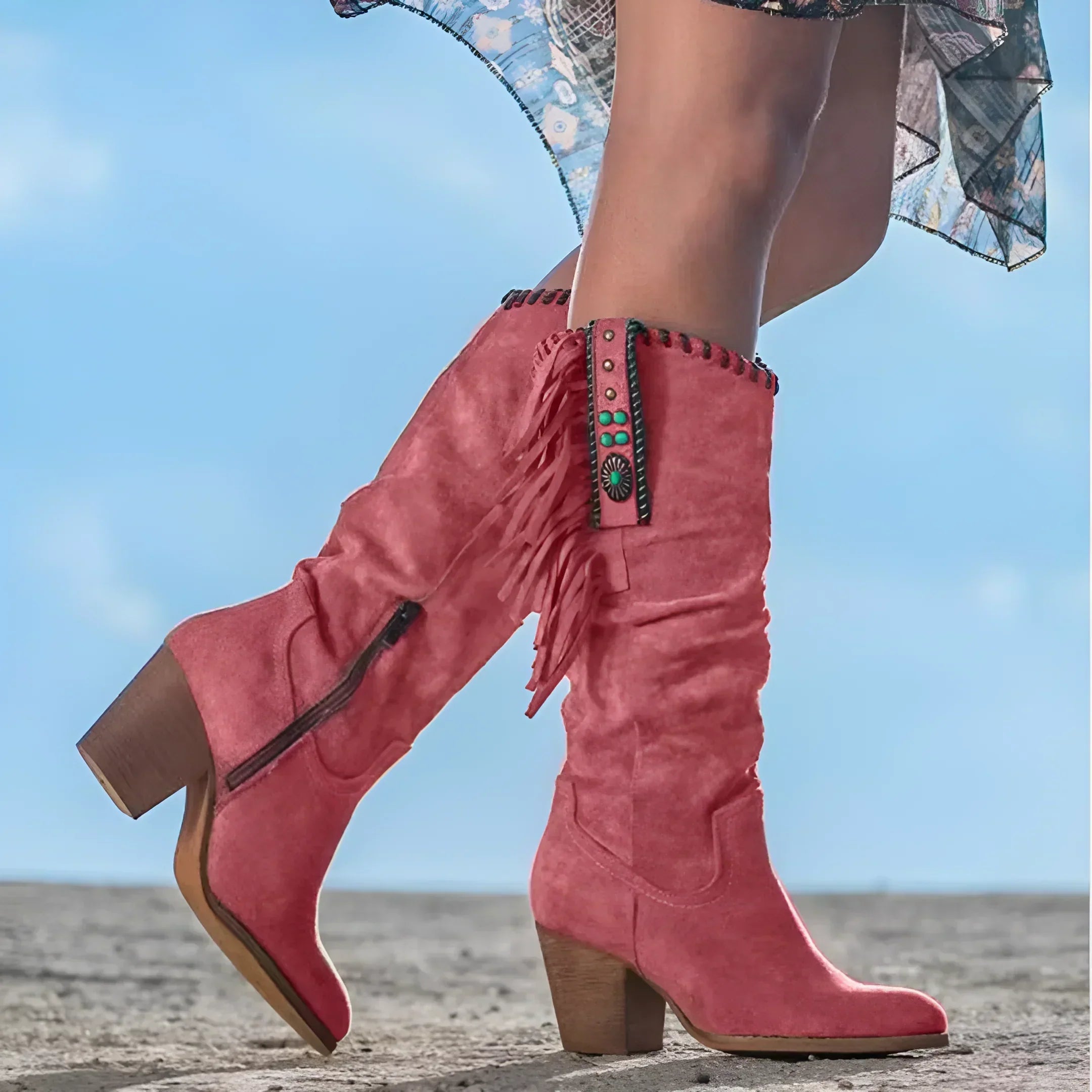 Nathalie Bottes Femme – Botas de Cowboy en Cuero Verdadero con Flecos y Tacón Grueso