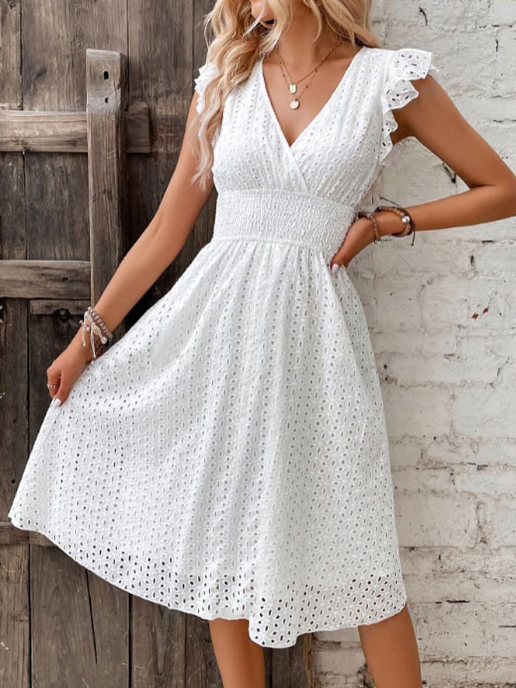 Rochie midi Adeline pentru femei vară – rochie cu broderie englezească, decolteu în V, mâneci cu volane și talie smock
