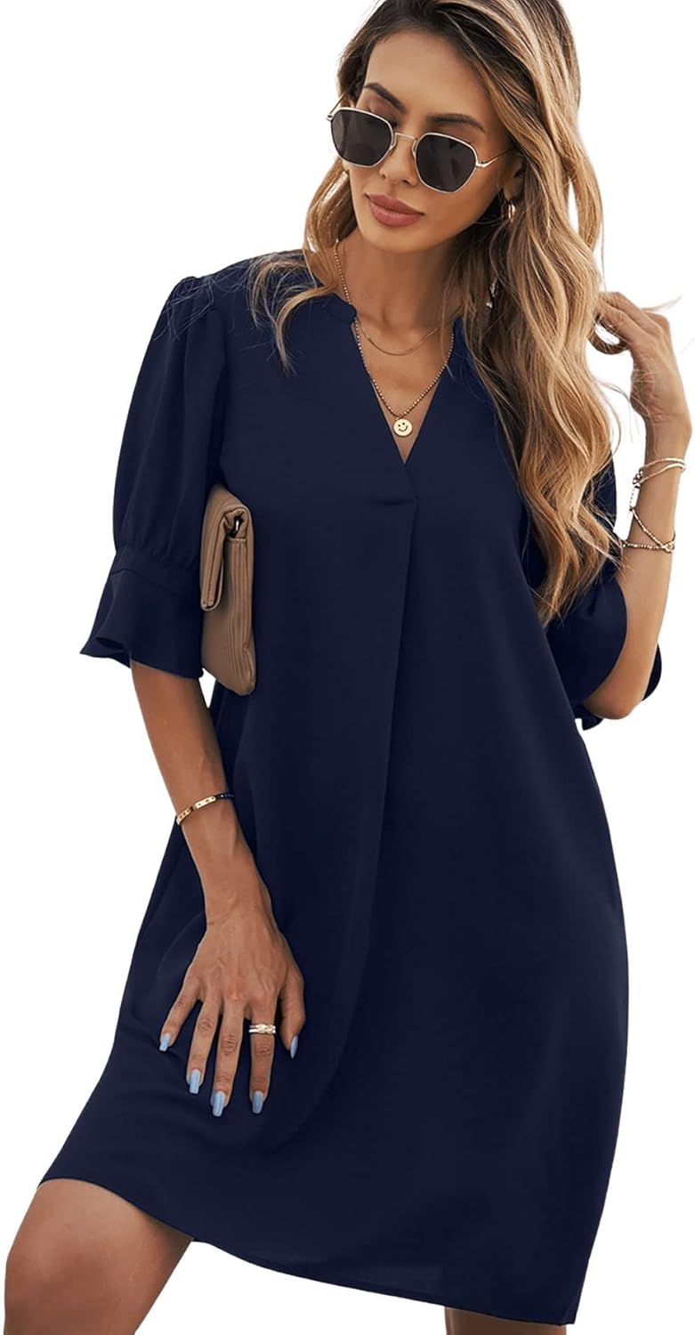 Rochie de vară Emily pentru femei – Rochie elegantă cu decolteu în V, croială lejeră, mâneci trei sferturi