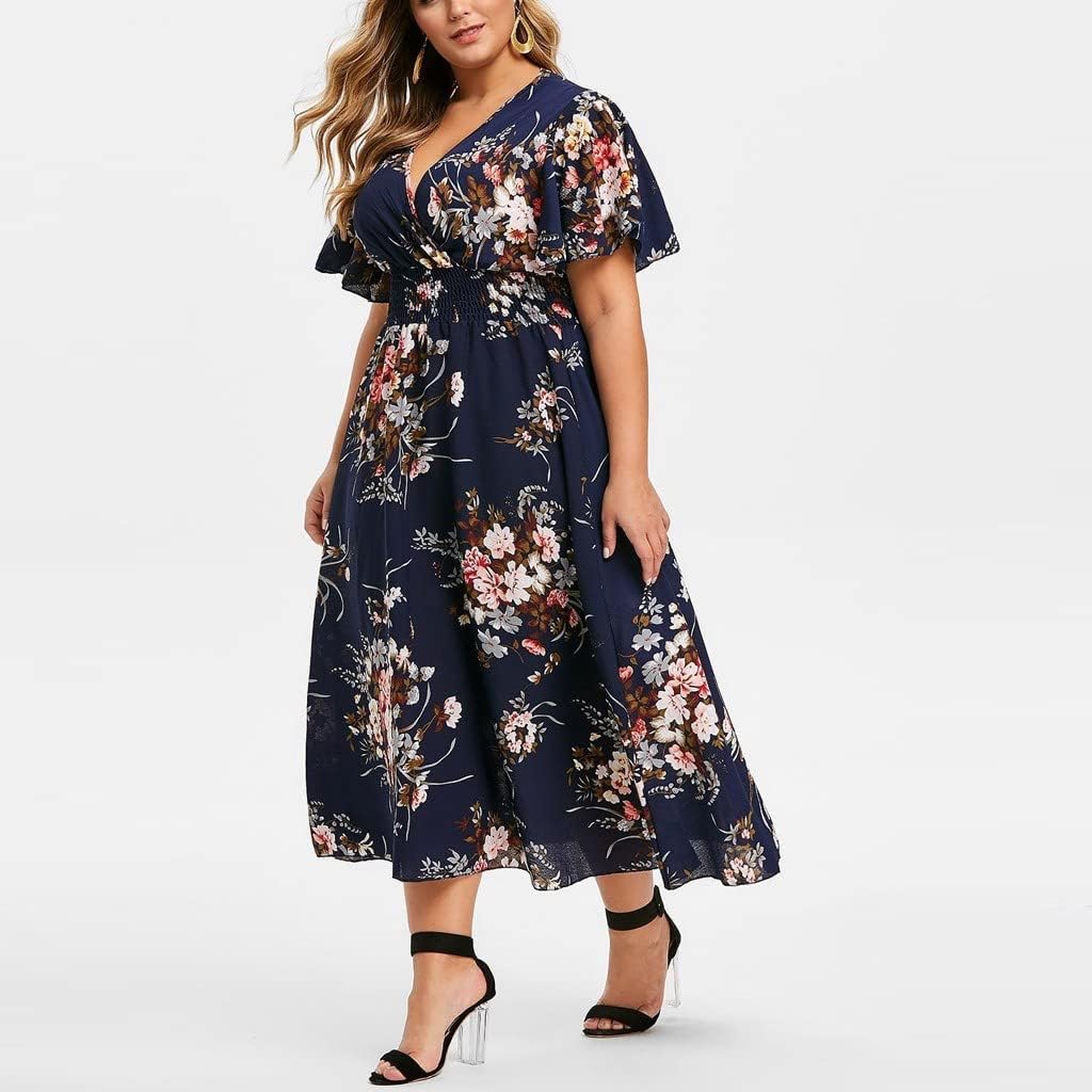 Rochie damă Élise – Rochie midi cu flori, de vară, elegantă, cu decolteu în V, croială în A, din in și bumbac fluid