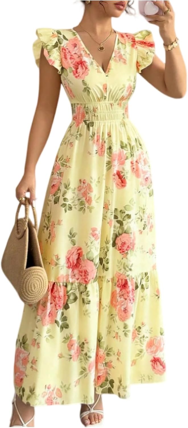 Camille Robe Femme – Robe Maxi Fleurie Col V Manches Volants Taille Smockée Été