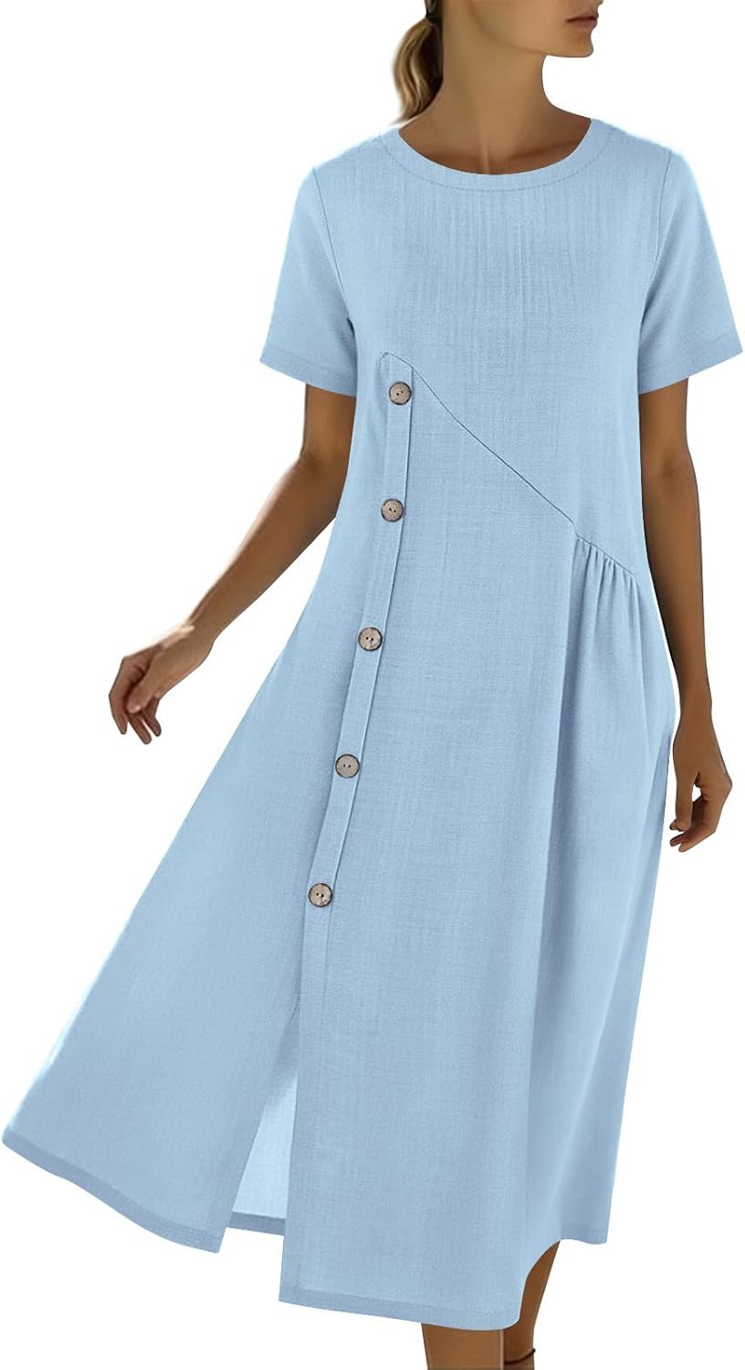 Vestido Emma para mujer – Vestido midi de lino con cuello redondo, abertura, bolsillos, línea A, elegante, verano