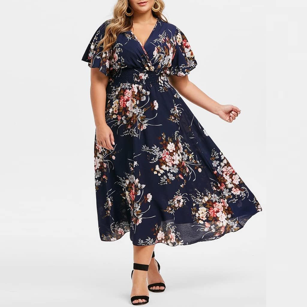 Rochie damă Élise – Rochie midi cu flori, de vară, elegantă, cu decolteu în V, croială în A, din in și bumbac fluid