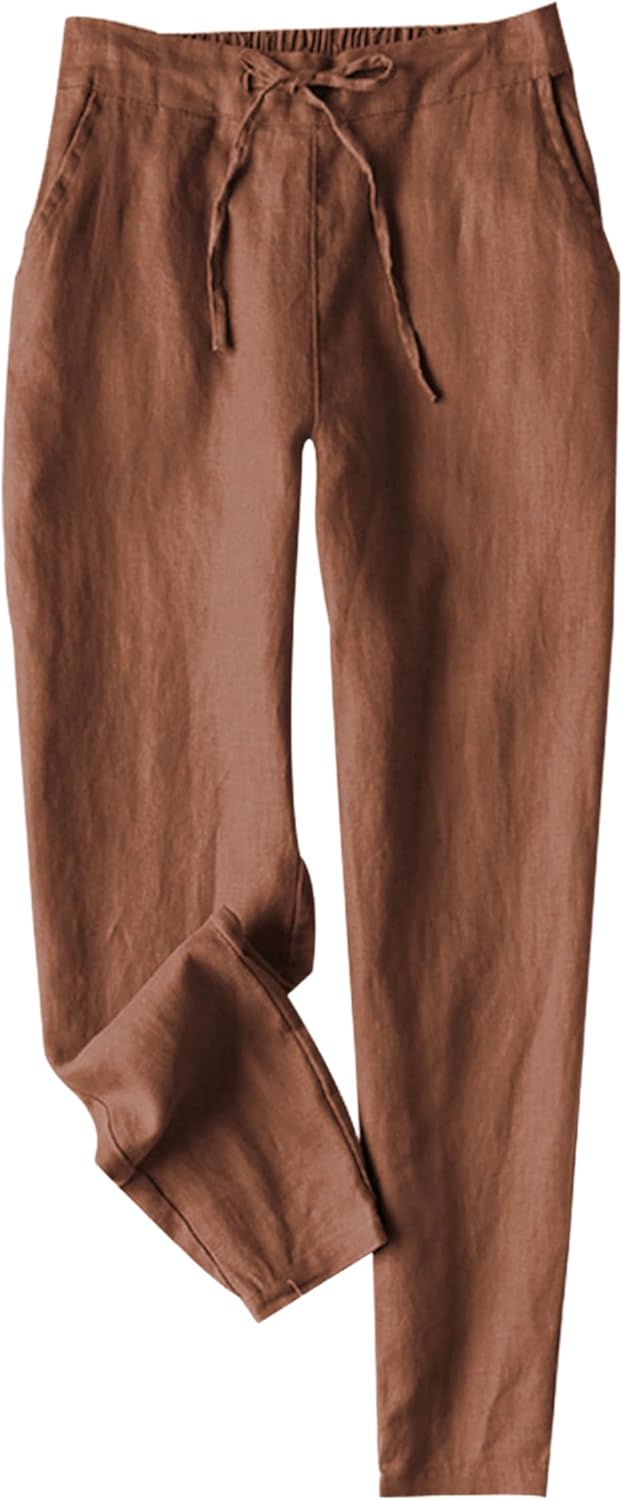 Mirriam Pantaloni damă din in alb – talie înaltă, șnur elastic, ușori pentru vară
