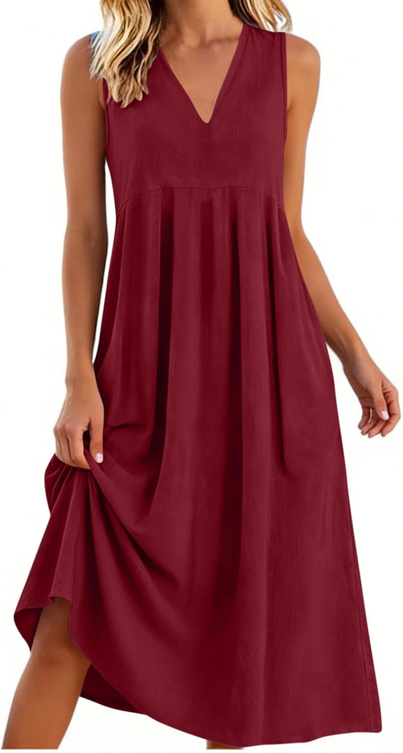 Rochie Lina pentru femei – Rochie maxi din in, de vară, cu decolteu în V, fără mâneci, cu buzunare, fluidă
