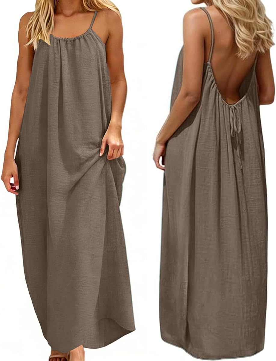 Luna Kleid Maxi Damen – Kleid mit offenem Rücken, feinen Trägern, Leinenoptik, Sommer Bohème