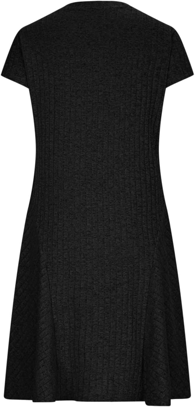 Rochie Emma pentru femei – Rochie midi din tricot canelat, guler rotund, mâneci scurte, elegantă