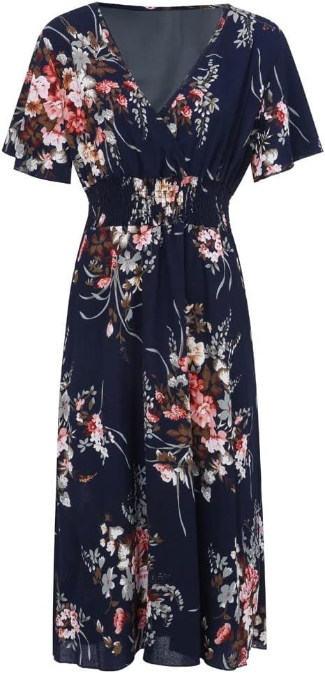 Rochie damă Élise – Rochie midi cu flori, de vară, elegantă, cu decolteu în V, croială în A, din in și bumbac fluid