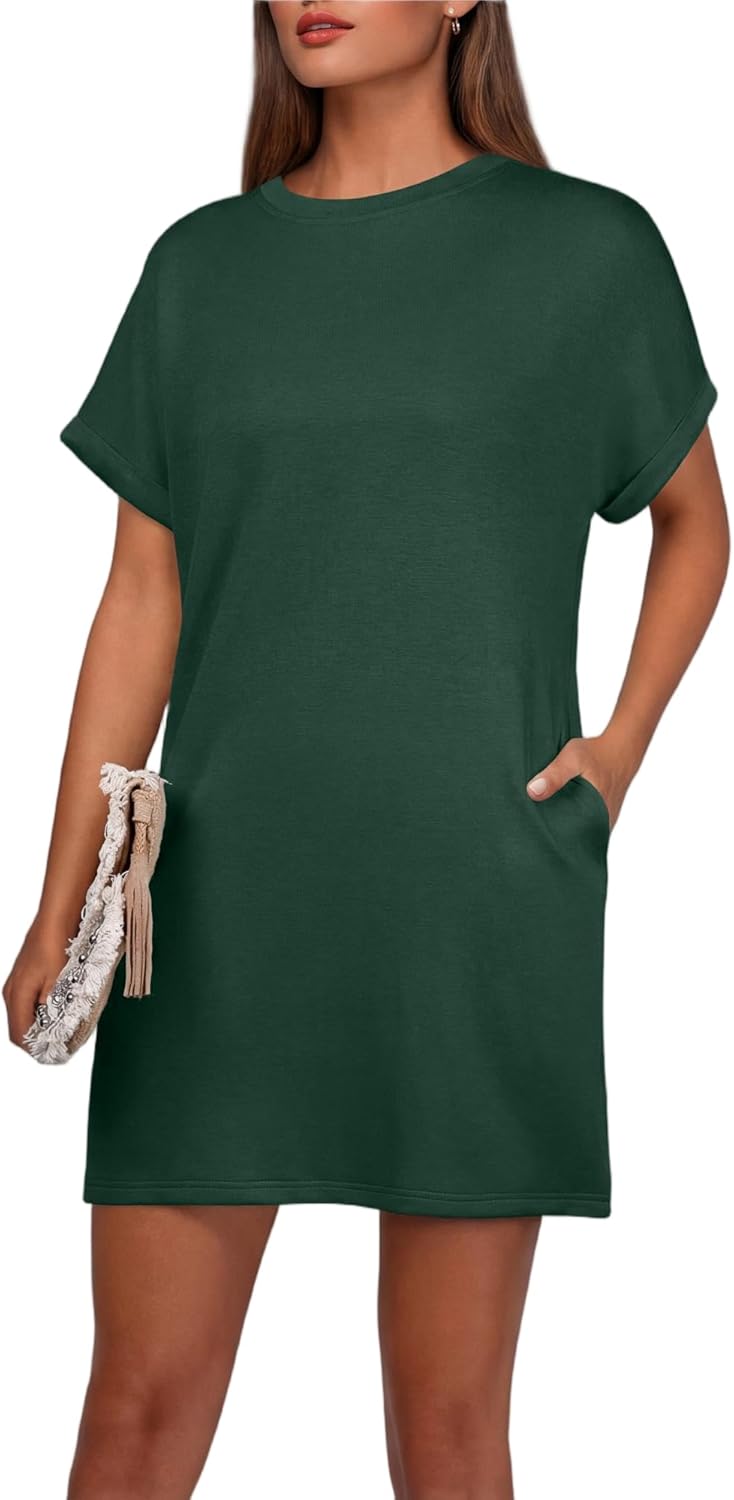 Rochie Léa pentru femei – Rochie mini cu guler rotund, mâneci scurte, croială în A, cu buzunare, de vară