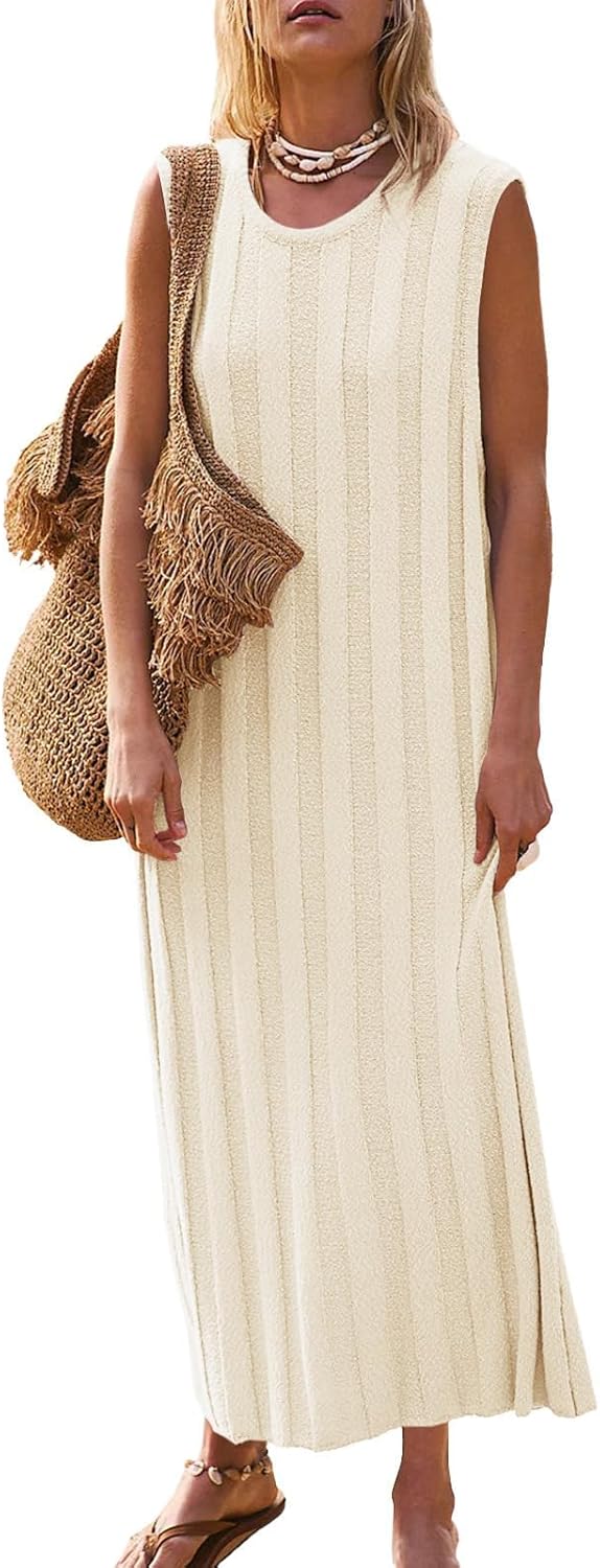 Rochie maxi Lina pentru femei – Rochie din tricot cu dungi, fără mâneci, cu guler rotund, de vară
