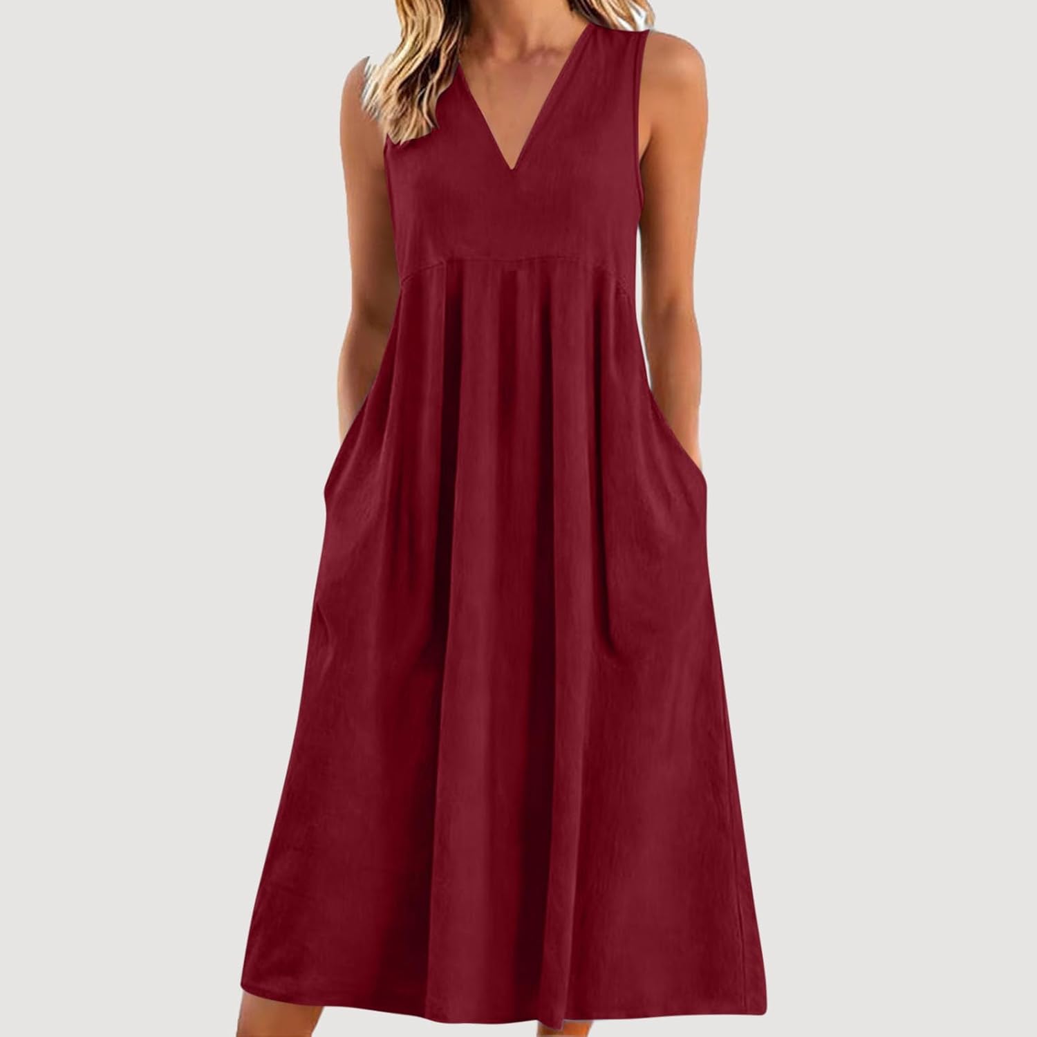 Rochie Lina pentru femei – Rochie maxi din in, de vară, cu decolteu în V, fără mâneci, cu buzunare, fluidă