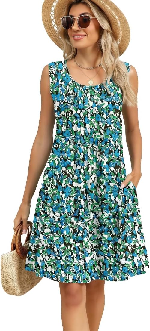 Rochie Midi Elise pentru Femei – Rochie Florală fără Mâneci cu Guler Rotund și Buzunare pentru Vară