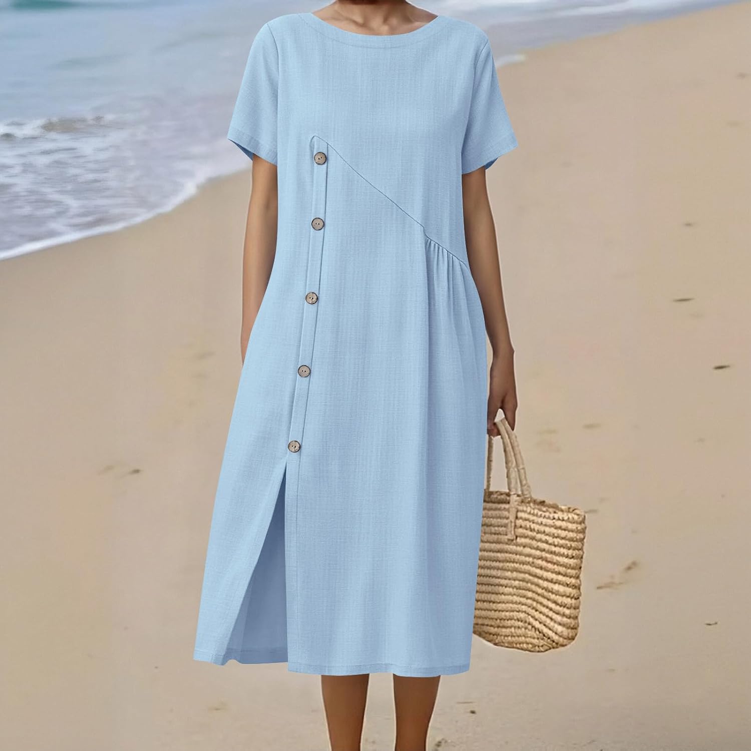 Vestido Emma para mujer – Vestido midi de lino con cuello redondo, abertura, bolsillos, línea A, elegante, verano