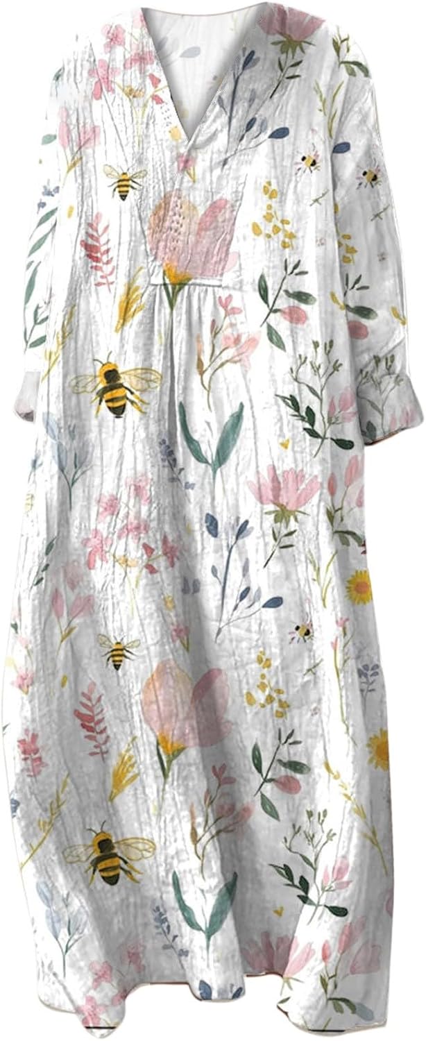 Rochie Emily pentru femei – Rochie midi cu decolteu în V, mâneci lungi, croială evazată, fluidă, de vară