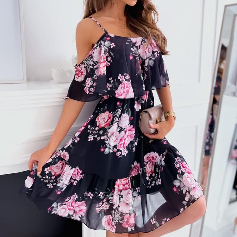 Mhaine Robe Femme Bohème – Épaules Dénudées, Volants, Coupe Midi Fluide Été