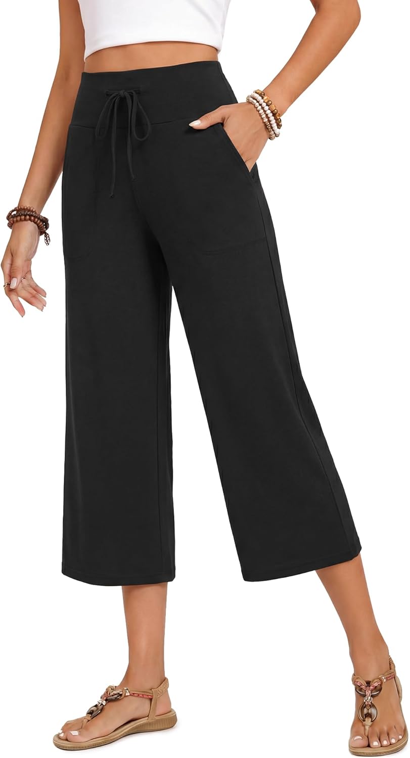 Nina Pantalon Capri Femme – Pantalon Large Taille Haute Cordon & Poches Été