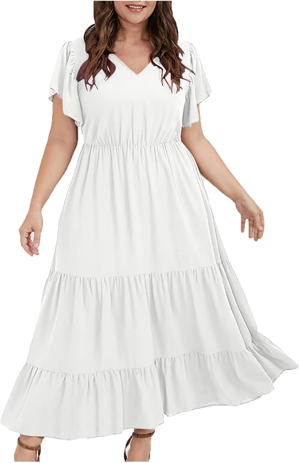 Vestido Manon Mulher – Vestido Boémio Decote em V Mangas Curtas Corte A Fluido Verão Tamanho Grande