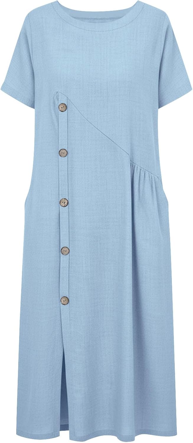Vestido Emma para mujer – Vestido midi de lino con cuello redondo, abertura, bolsillos, línea A, elegante, verano