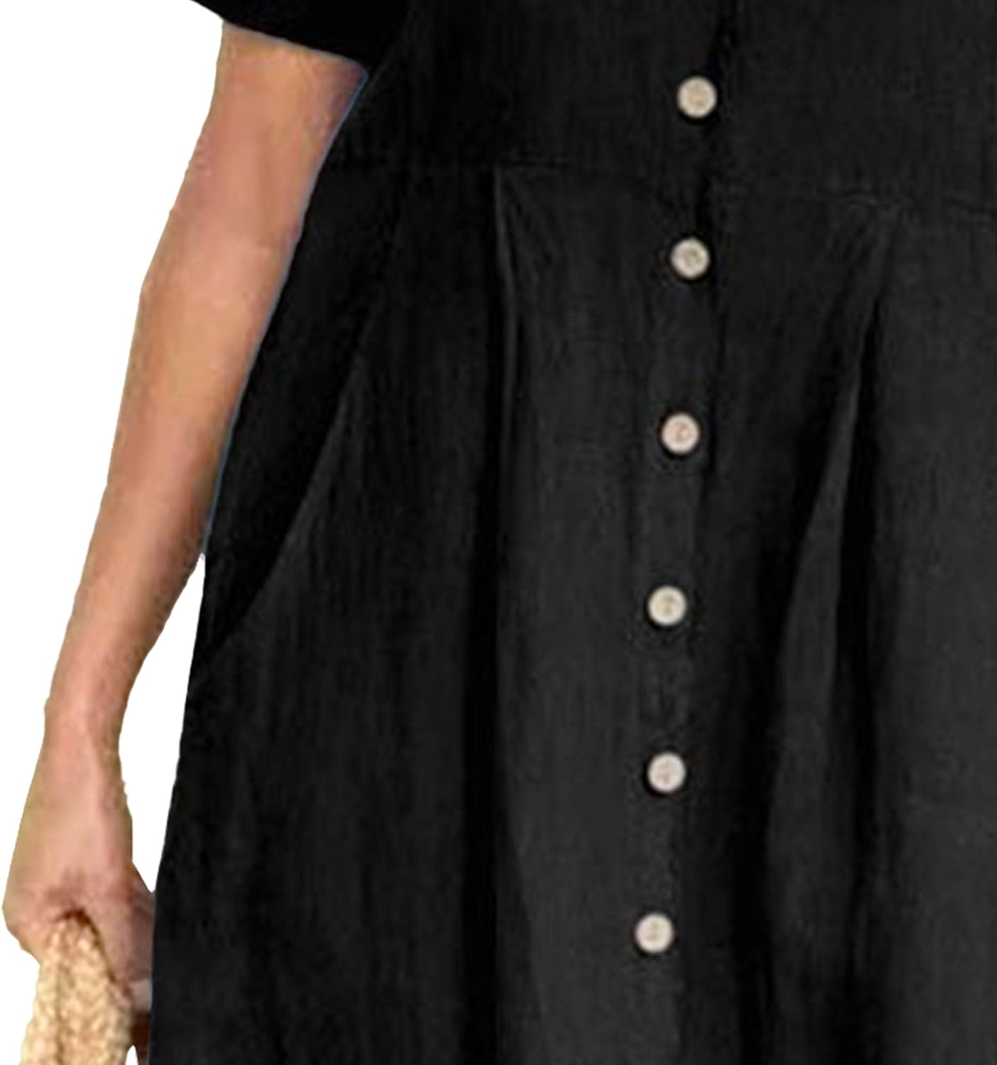 Rochie maxi pentru femei Glaiza din in – decolteu în V, cu nasturi, mâneci scurte, mărime mare, vară