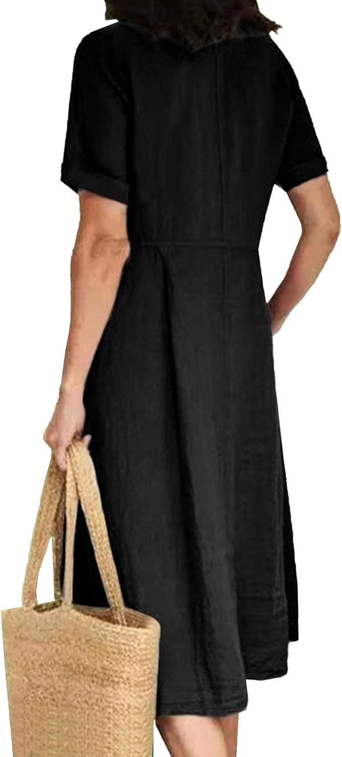 Rochie maxi pentru femei Glaiza din in – decolteu în V, cu nasturi, mâneci scurte, mărime mare, vară