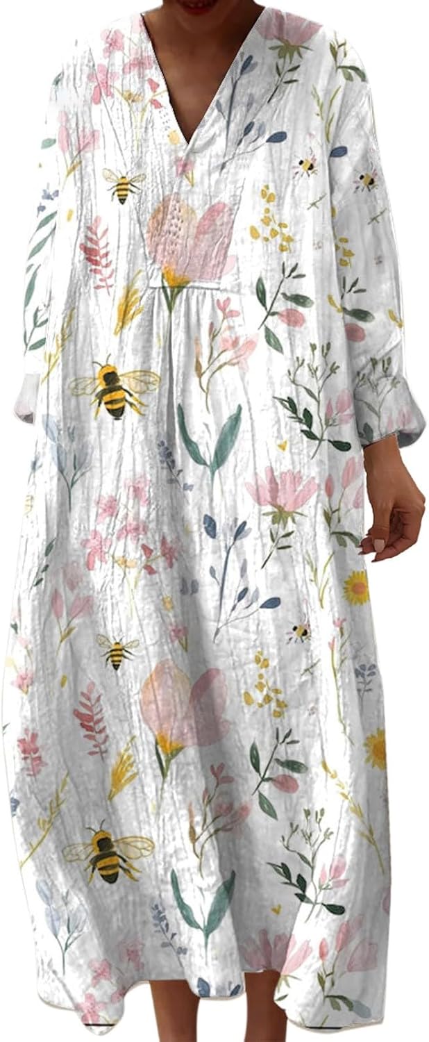 Rochie Emily pentru femei – Rochie midi cu decolteu în V, mâneci lungi, croială evazată, fluidă, de vară