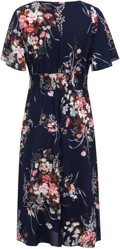 Rochie damă Élise – Rochie midi cu flori, de vară, elegantă, cu decolteu în V, croială în A, din in și bumbac fluid