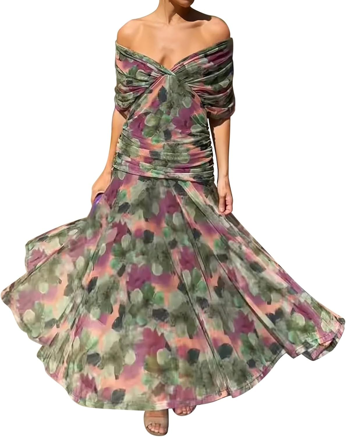 Rochie Olivia pentru femei – Rochie cocktail cu flori, umeri goi, talie înaltă, elegantă