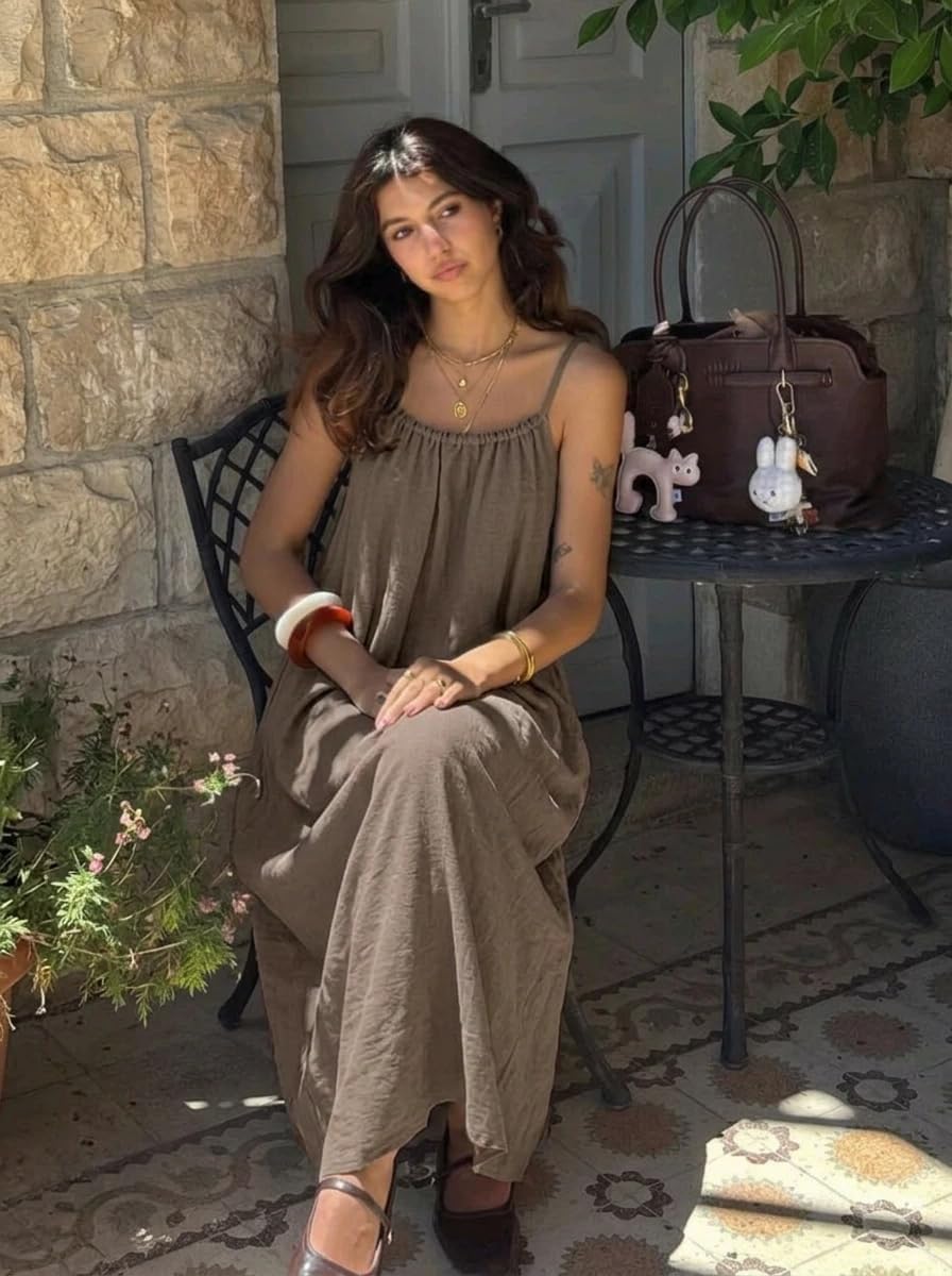 Luna Kleid Maxi Damen – Kleid mit offenem Rücken, feinen Trägern, Leinenoptik, Sommer Bohème