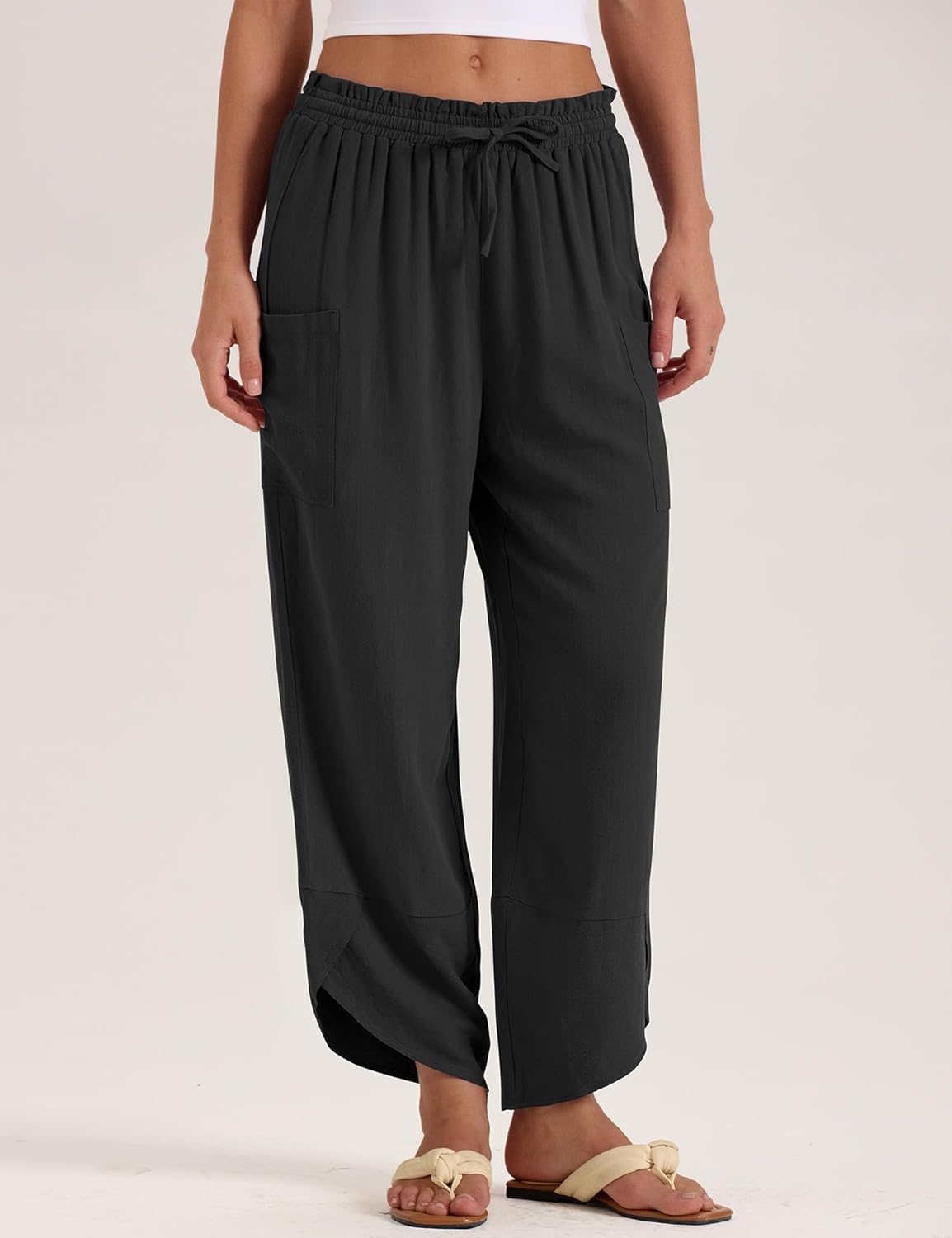 Jade Pantaloni damă – Capri Palazzo din in, stil boem, largi, talie elastică și buzunare