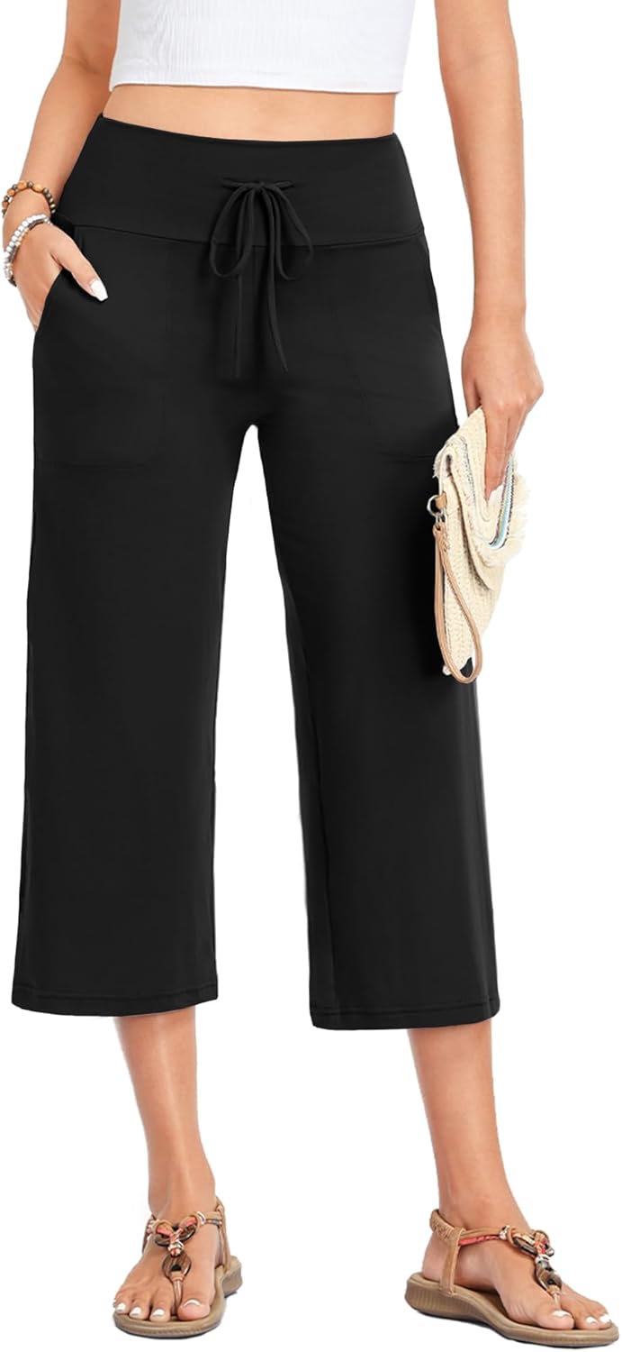 Nina Pantalon Capri Femme – Pantalon Large Taille Haute Cordon & Poches Été
