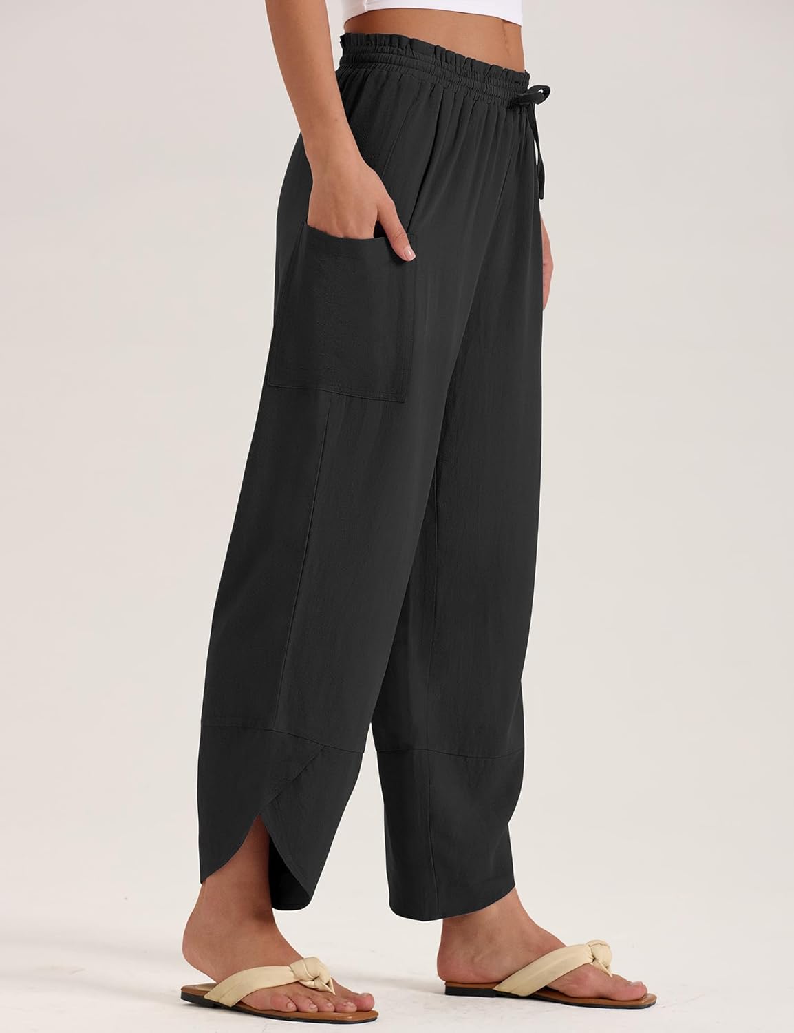 Jade Pantaloni damă – Capri Palazzo din in, stil boem, largi, talie elastică și buzunare