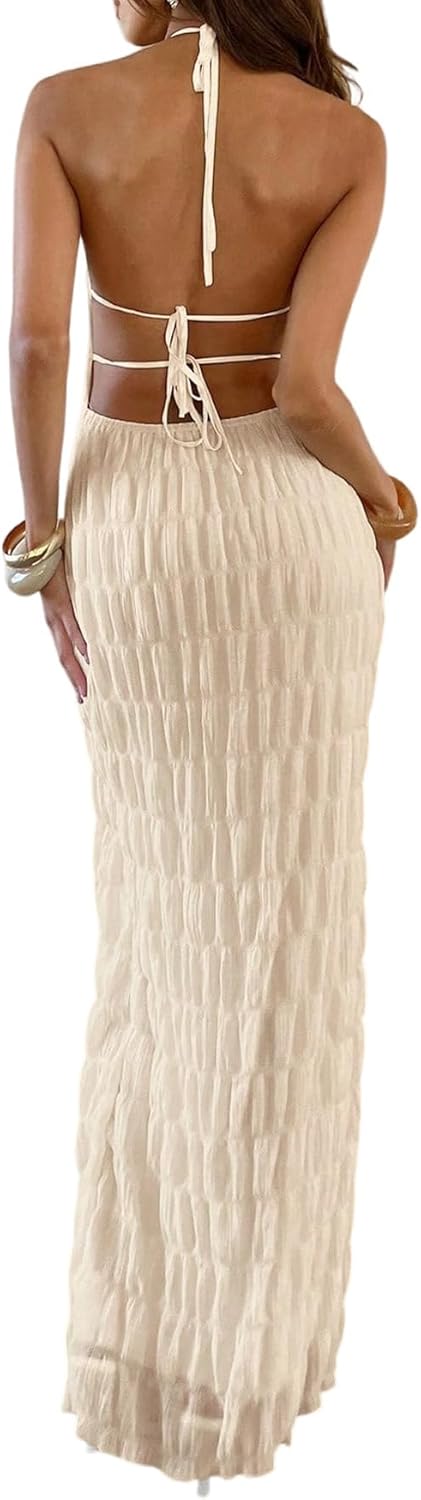 Rochie Maxi Eva pentru Femei – Rochie Bodycon Elegantă cu Spate Gol și Guler Halter, Stil Old Money
