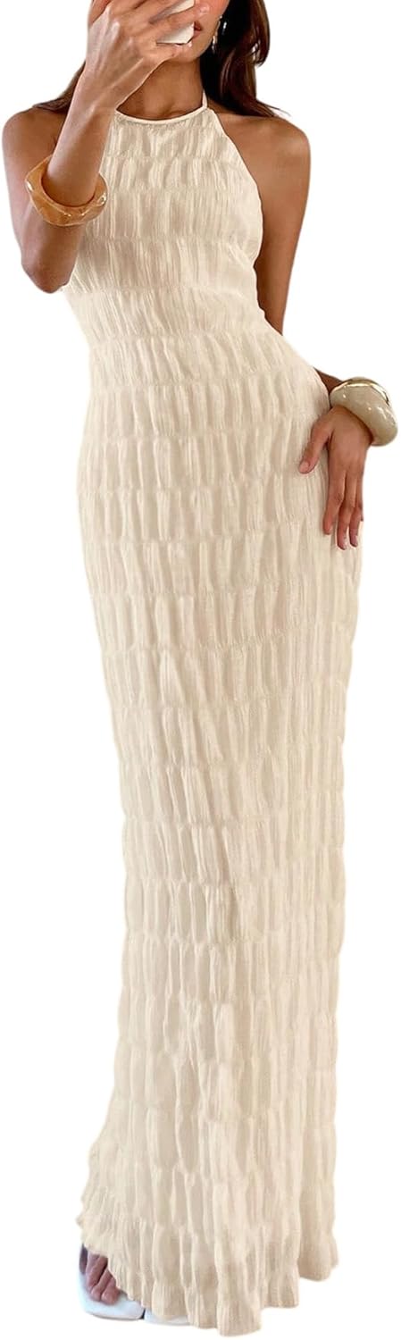 Rochie Maxi Eva pentru Femei – Rochie Bodycon Elegantă cu Spate Gol și Guler Halter, Stil Old Money
