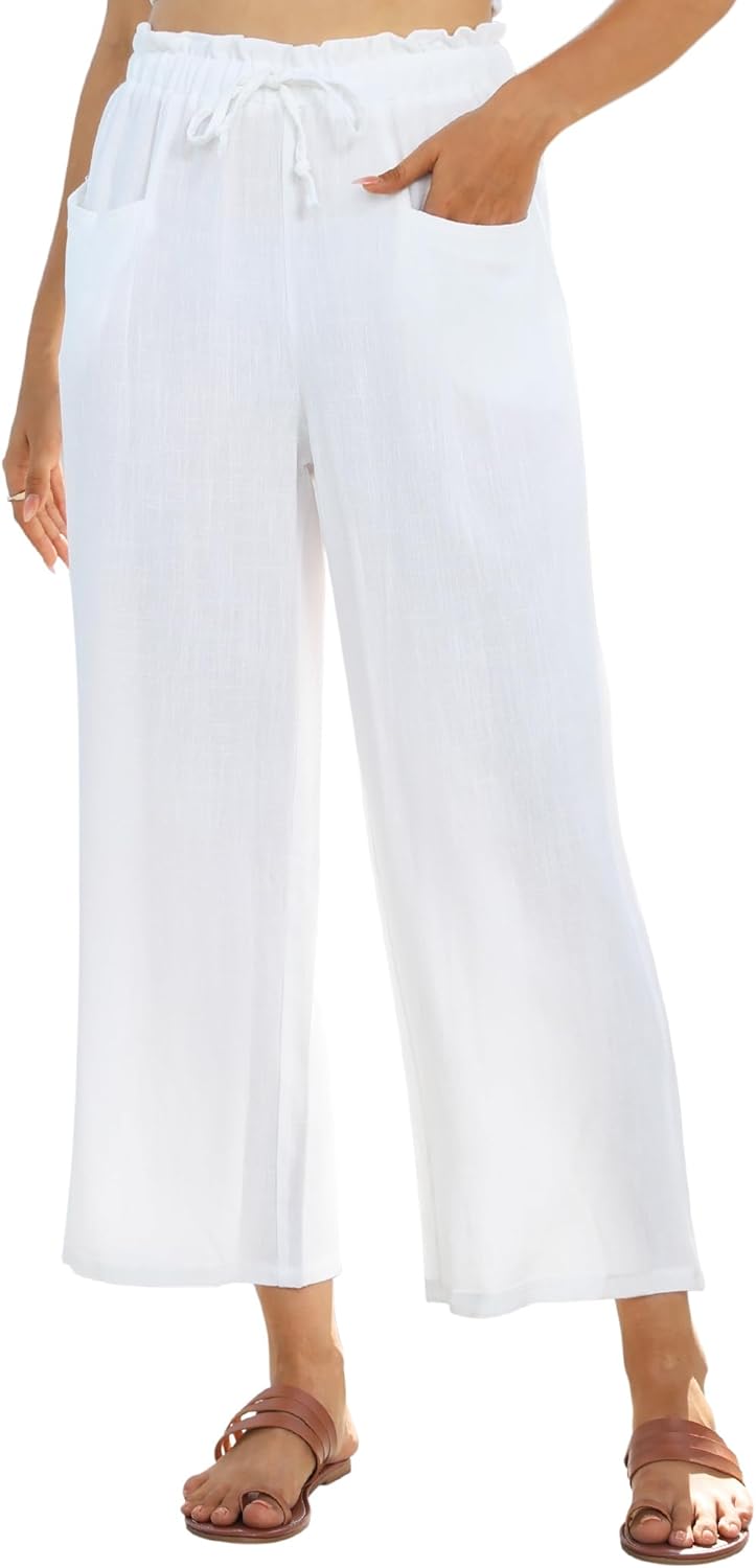 Pantaloni damă Linda din in Capri – croială largă fluidă, talie înaltă elastică, vară