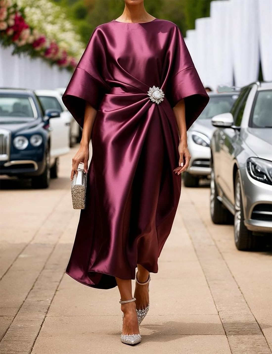 Rochie lungă din satin pentru femei Victoria – Rochie elegantă cu mâneci tip liliac și talie plisată